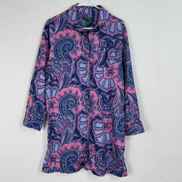 Lauren Ralph Lauren Sleep Long Shirt Night Gown Medium Blue Pink Buttons Paisley - Picture 1 of 8